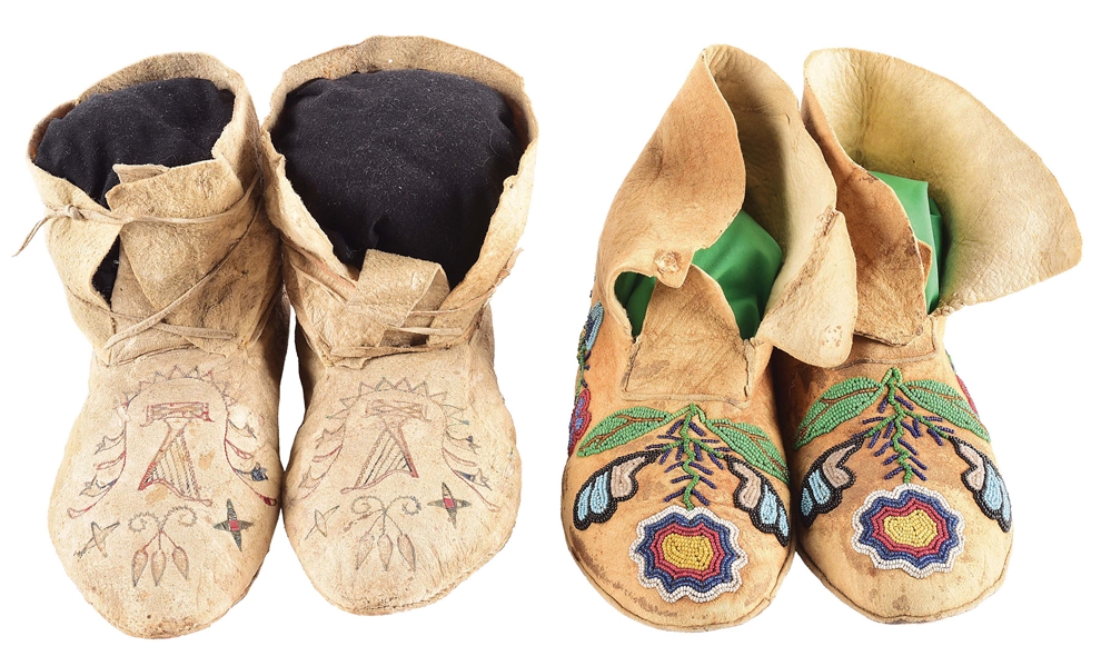 LOT OF 2: PAIRS OF BEADED AND QUILLED MOCCASINS.