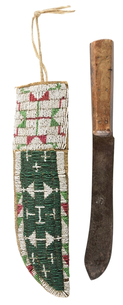 BEADED KNIVE SHEATH WITH CLASSIC EARLY TRADE KNIFE.