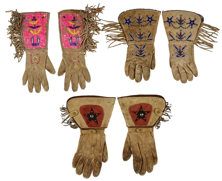 LOT OF 3: PAIRS OF BEADED, QUILLED, AND DECORATED GAUNTLETS.
