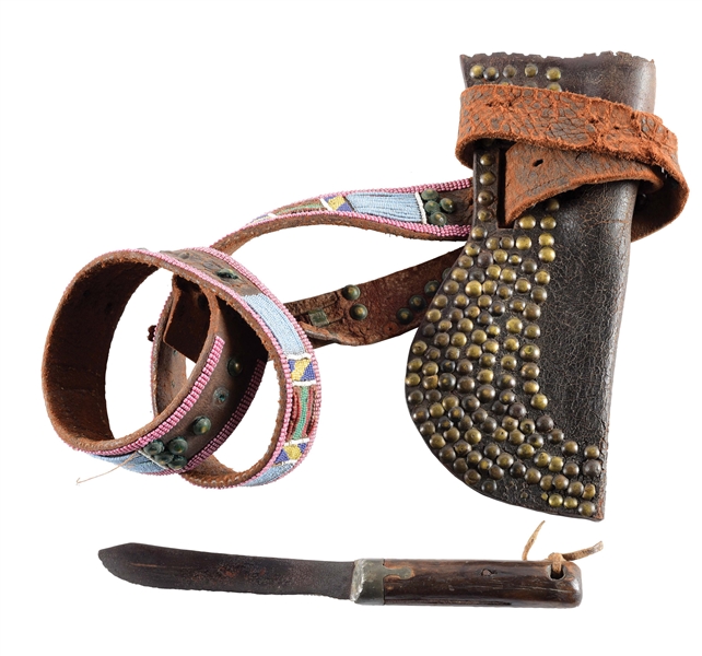 BEADED BELT WITH TACK KNIFE SHEATH AND TRADE KNIFE.