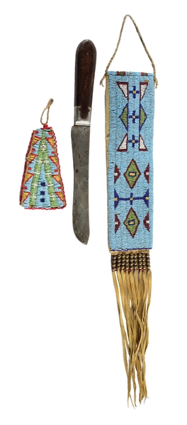 LOT OF 2: BEADED KNIFE SHEATH WITH TRADE KNIFE AND BEADED DROP.