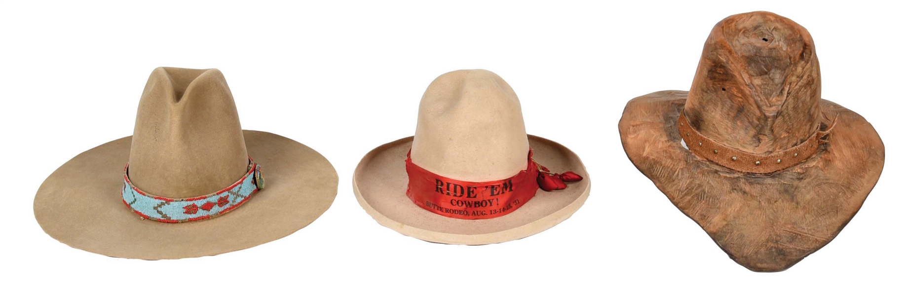 LOT OF 3: COWBOY HATS - WOODEN, RODEO BAND & BEADED. 