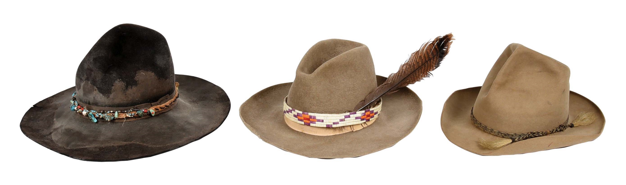 LOT OF 3: COWBOY HATS WITH QUILLED, BEADED & HORSEHAIR BANDS. 