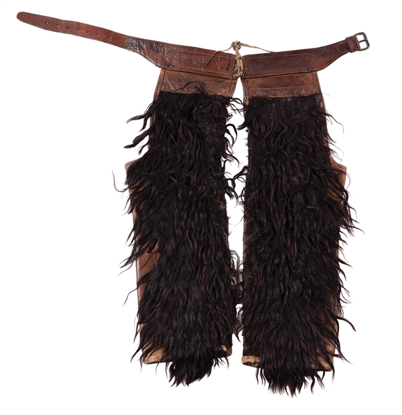 BLACK ANGORA WOOLY CHAPS MADE BY HENRY L. KUCK, THE DALLES OREGON. 