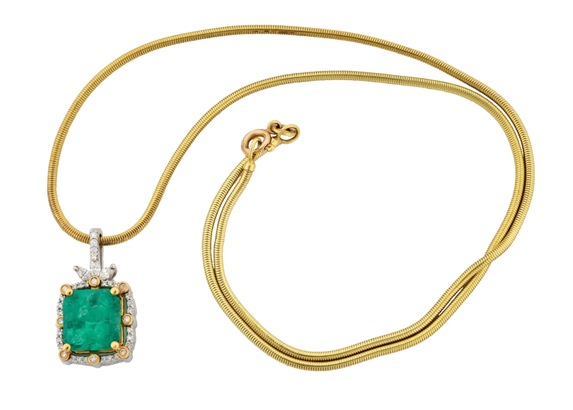 LADYS PLATINUM & 18K GOLD EMERALD & DIAMOND PENDANT WITH 14K SNAKE CHAIN AND APPRAISAL.