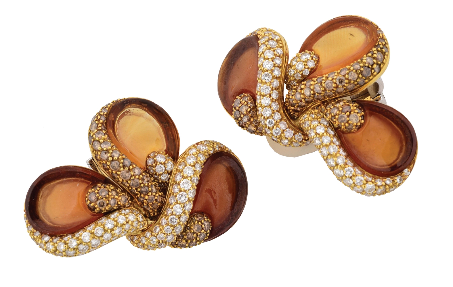 18K YELLOW GOLD DIAMOND FASHION EARRINGS WITH BROWN GLASS ACCENTS AND VALUATION REPORT.