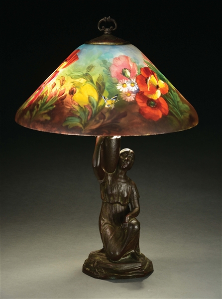 HANDEL 7816 POPPIES AND BUTTERFLIES ON FIGURAL LAMP BASE.