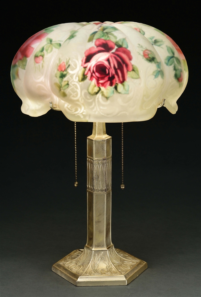PAIRPOINT PUFFY REVERSE PAINTED ROSE LAMP. 