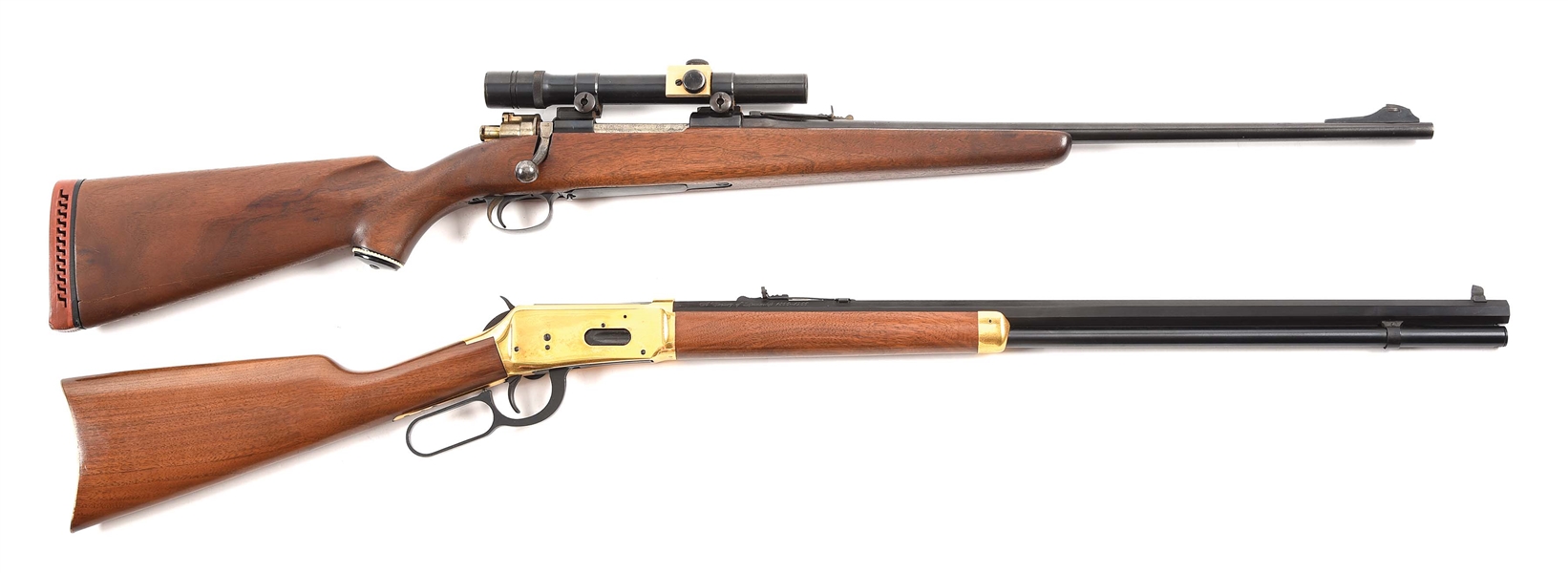 (C+M) LOT OF 2: J.C HIGGINS BOLT ACTION RIFLE WITH SCOPE AND WINCHESTER 1866 CENTENNIAL COMMEMORATIVE RIFLE.