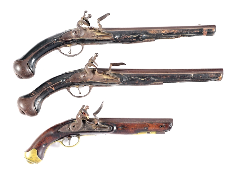 (A) LOT OF 3: VICTORIAN AND TOWER FLINTLOCK PISTOLS. 