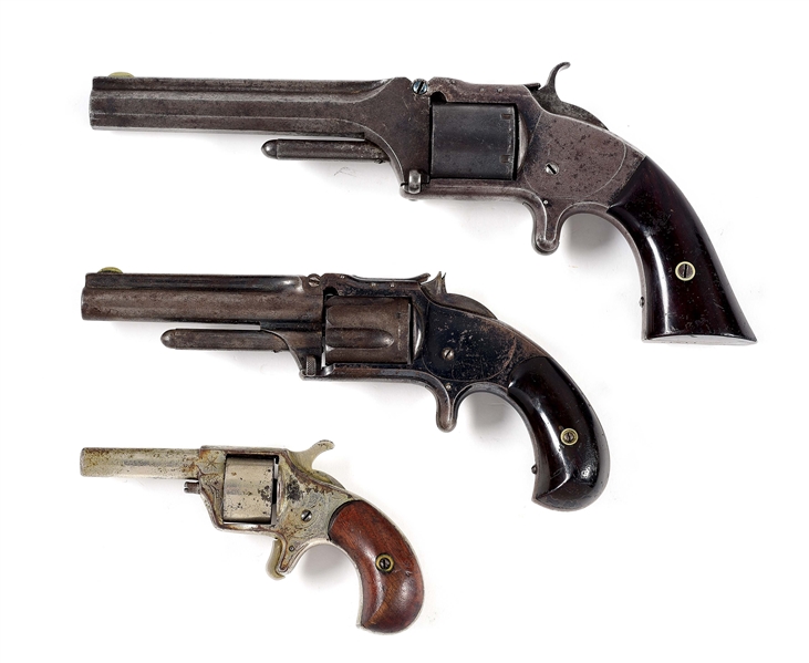 (A) LOT OF 3: SMITH AND WESSON CARTRIDGE REVOLVERS. 