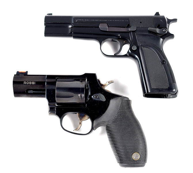 (M) LOT OF 2: BROWNING HI-POWER SEMI-AUTOMATIC PISTOL AND ROSSI MAGNUM REVOLVER.