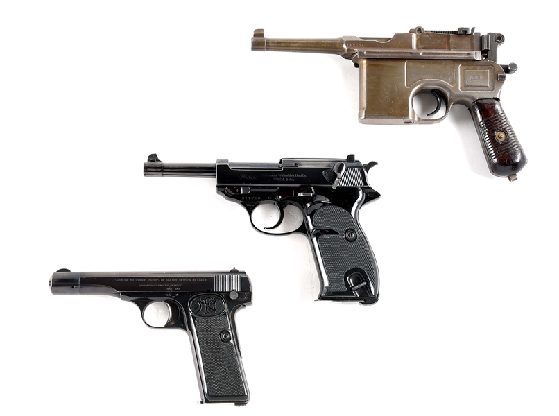 (C) LOT OF 3: MAUSER C96, WALTHER P38, AND FABRIQUE NATIONALE 1922 PISTOLS.