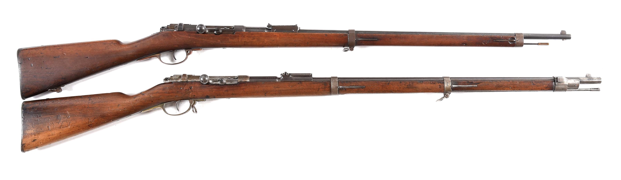 LOT OF TWO: (A) UNCOMMON FRENCH CONVERTED URUGUAYAN MAUSER MODEL 71 BOLT ACTION RIFLE AND (B) MAUSER MODEL 71 BOLT ACTION SINGLE SHOT RIFLE
