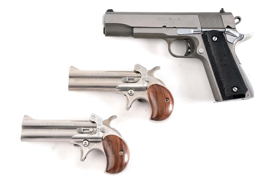 (M) LOT OF THREE: SPRINGFIELD 1911A1 SEMI-AUTOMATIC PISTOL AND PAIR OF AMERICAN DERRINGER M4 DERRINGERS