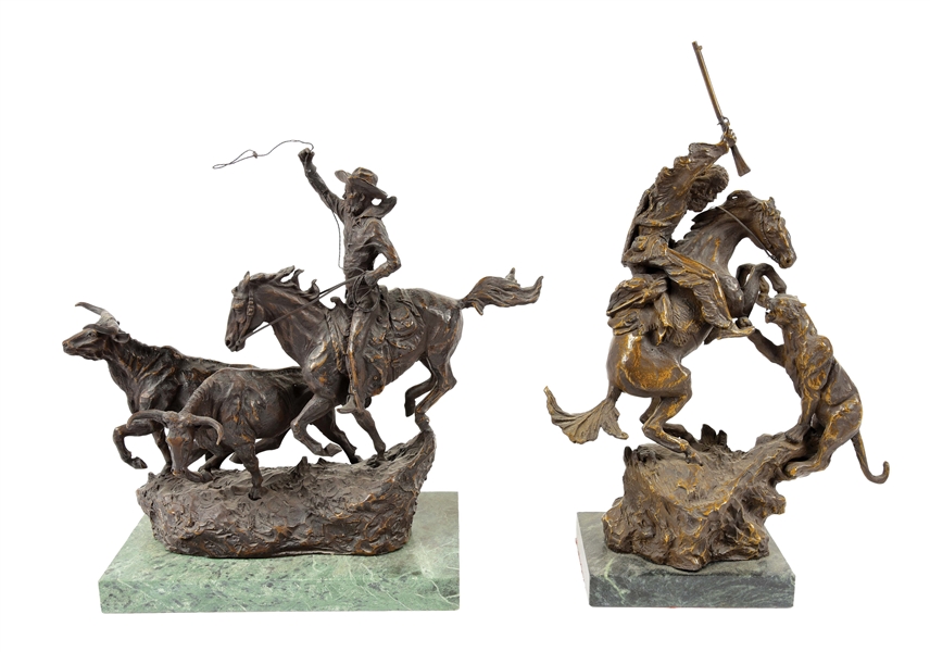 LOT OF 2: C.M.RUSSELL BRONZE STATUES "THE ROUND UP" AND "MOUNTAIN MAN".