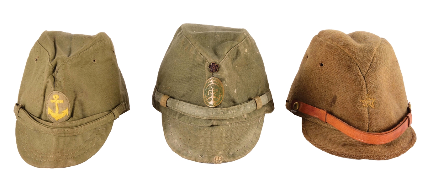 LOT OF THREE WORLD WAR II IMPERIAL JAPANESE ARMY AND NAVAL LANDING FORCES FIELD CAPS 