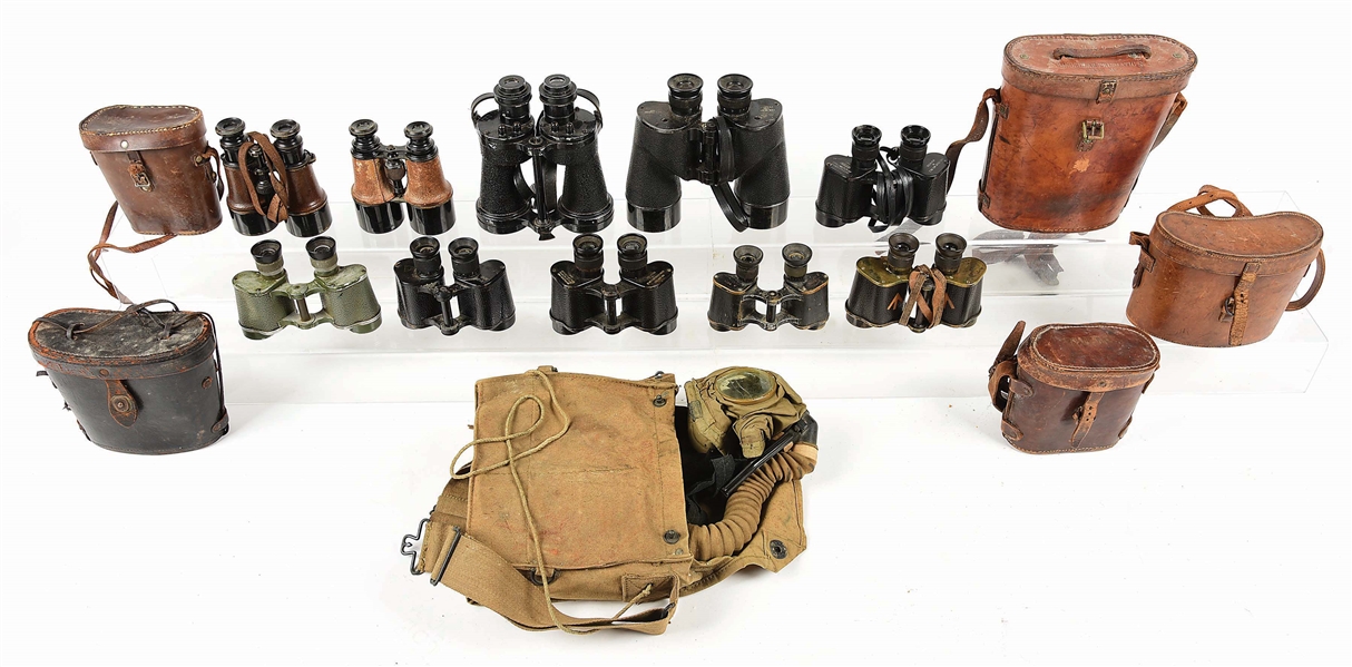 LOT OF 13: COMMONWEALTH BINOCULARS AND CASES AND WORLD WAR I GAS MASK