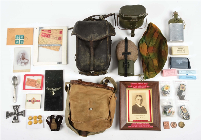 LARGE MIXED LOT OF WWII AND POST WWII GERMAN & SWISS FIELD GEAR AND EPHEMERA