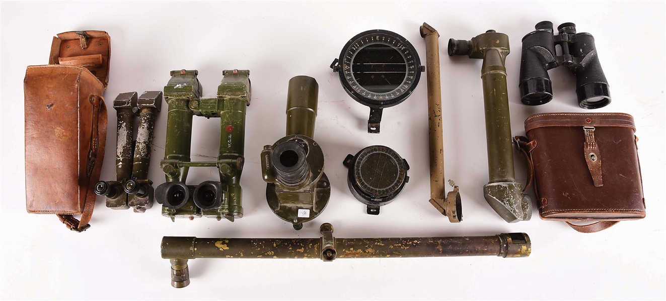 LOT OF TEN: US AND JAPANESE OPTICS AND EQUIPMENT AND US WWII SEARCH LIGHT STAND