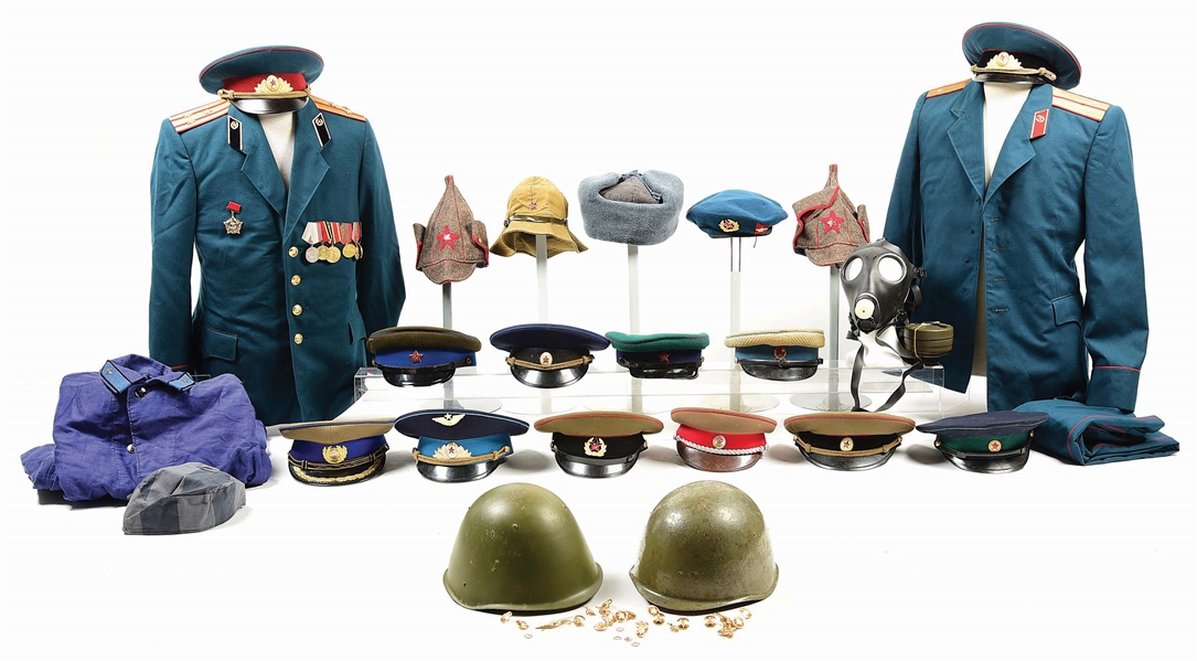 VERY LARGE LOT OF COLD WAR SOVIET AND COMMUNIST COUNTRIES HATS, HELMETS, AND UNIFORMS