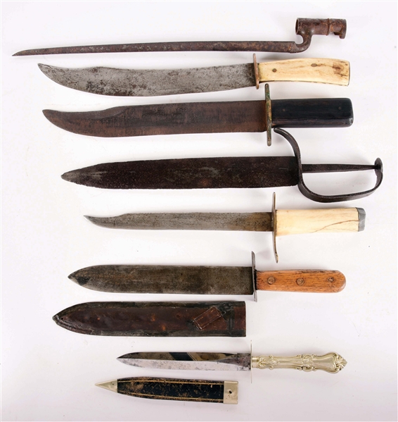LOT OF 7: MID 19TH CENTURY KNIVES AND BAYONET.