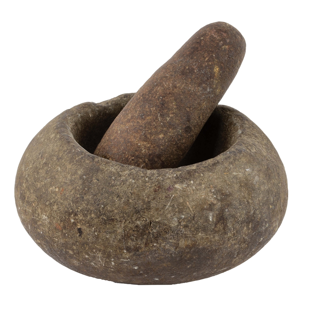 EARLY STONE MORTER AND PESTLE.
