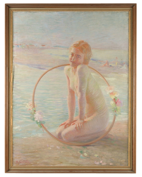 MASSIMILIANO GALLELLI (ITALIAN, 1863 - 1956) IMPRESSIONIST NUDE GIRL ON BEACH.