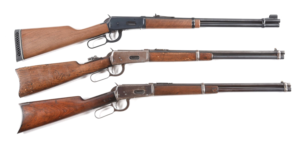 (M+C) LOT OF 3: WINCHESTER LEVER ACTION RIFLES INCLUDING AN 1892 SADDLE RING CARBINE.
