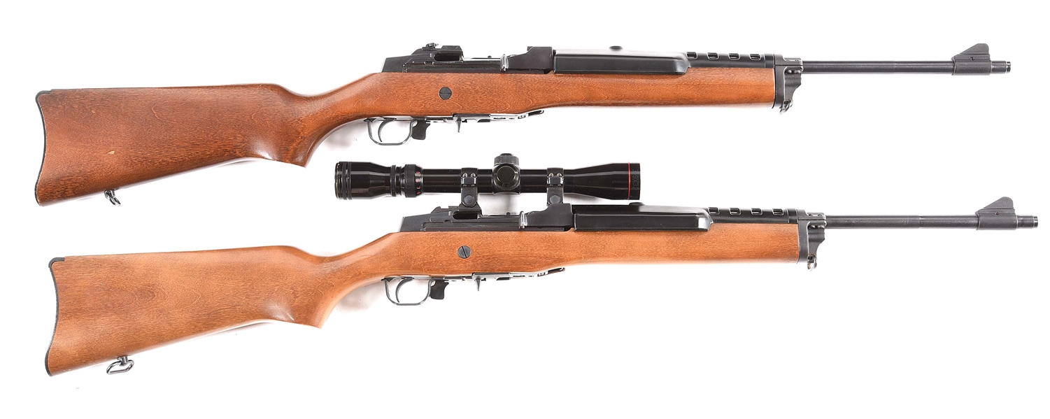 (M) LOT OF 2: RUGER MINI 14 SEMI AUTOMATIC RIFLES, ONE WITH SCOPE.