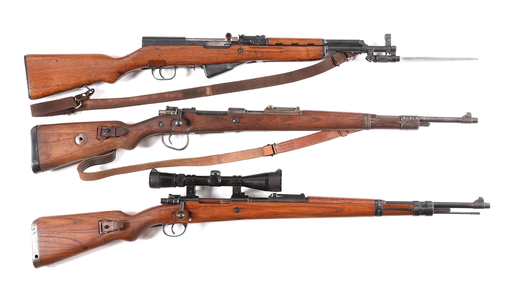(C) LOT OF THREE: CHINESE TYPE 56 PARATROOPER & TWO K98 BOLT ACTION RIFLES. 
