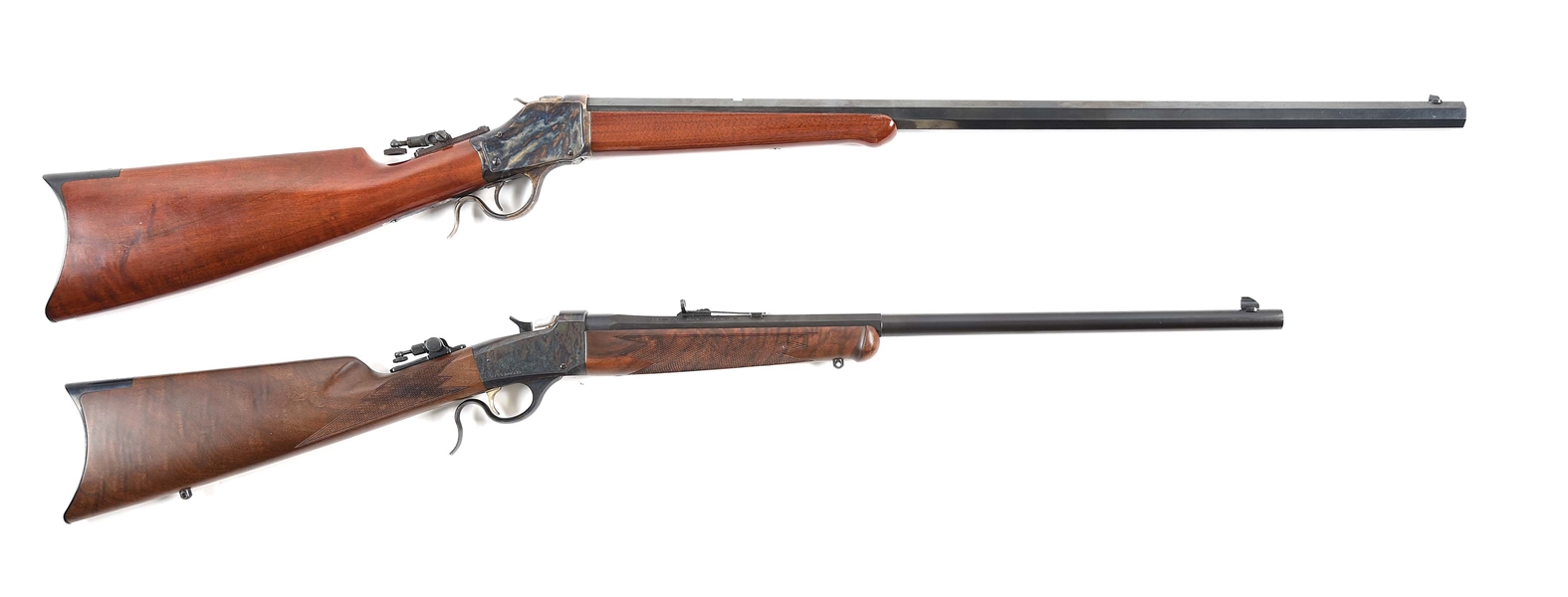 (M) LOT OF 2: (A) UBERTI HIGH-WALL AND (B) BROWNING MODEL 1885 LOW-WALL SINGLE SHOT RIFLES.