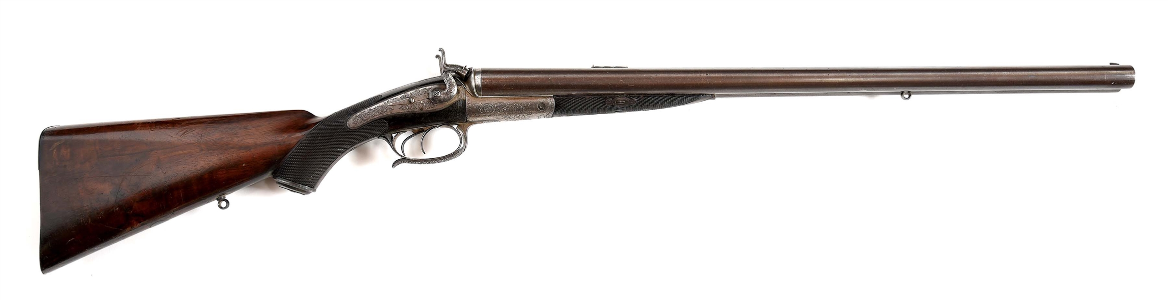 (A) AN ATTRACTIVE ENGRAVED GEORGE H. DAWS 12 BORE HAMMER DOUBLE RIFLE.
