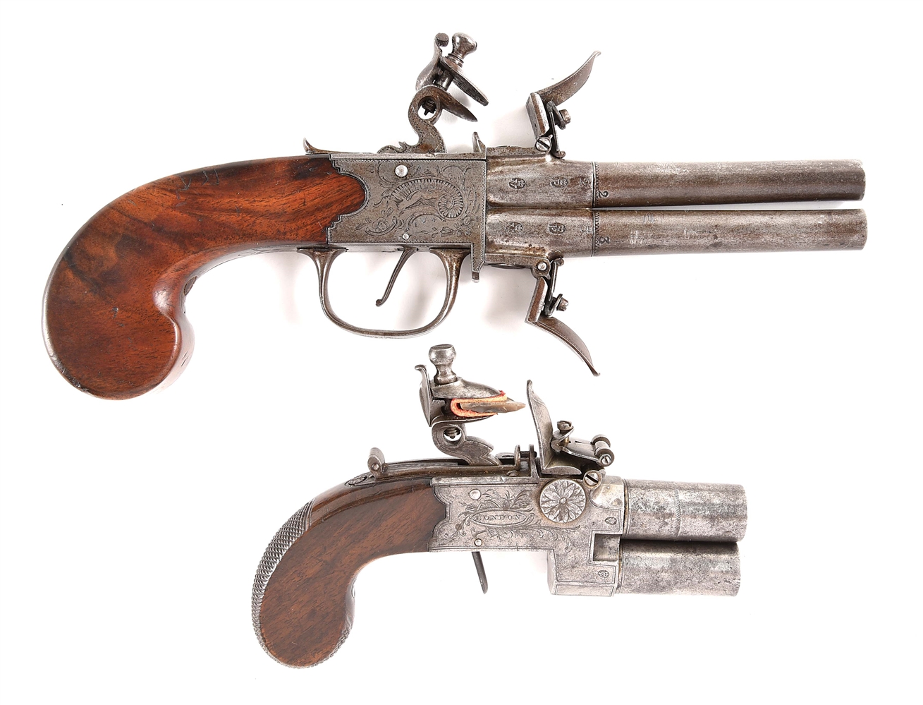 (A) LOT OF TWO: THOMAS SIGNED ENGRAVED SWIVEL BREECH SUPERPOSED FLINTLOCK PISTOL, TOGETHER WITH A FLINTLOCK BECKWITH TAP ACTION PISTOL.