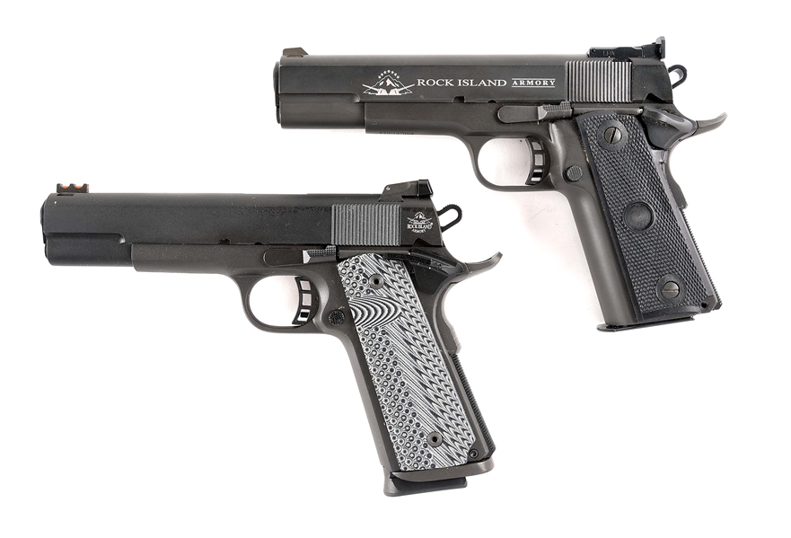 (M) LOT OF TWO: ROCK ISLAND ARMORY 1911A2 .22TCM AND ROCK ISLAND ARMORY 1911A1 .22TCM SEMI-AUTOMATIC PISTOLS, WITH 9MM CONVERSION BARRELS AND CASES.