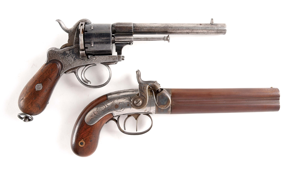 (A) LOT OF 2: BELGIAN PINFIRE 10MM REVOLVER AND BELGIAN DOUBLE BARREL PERCUSSION PISTOL.