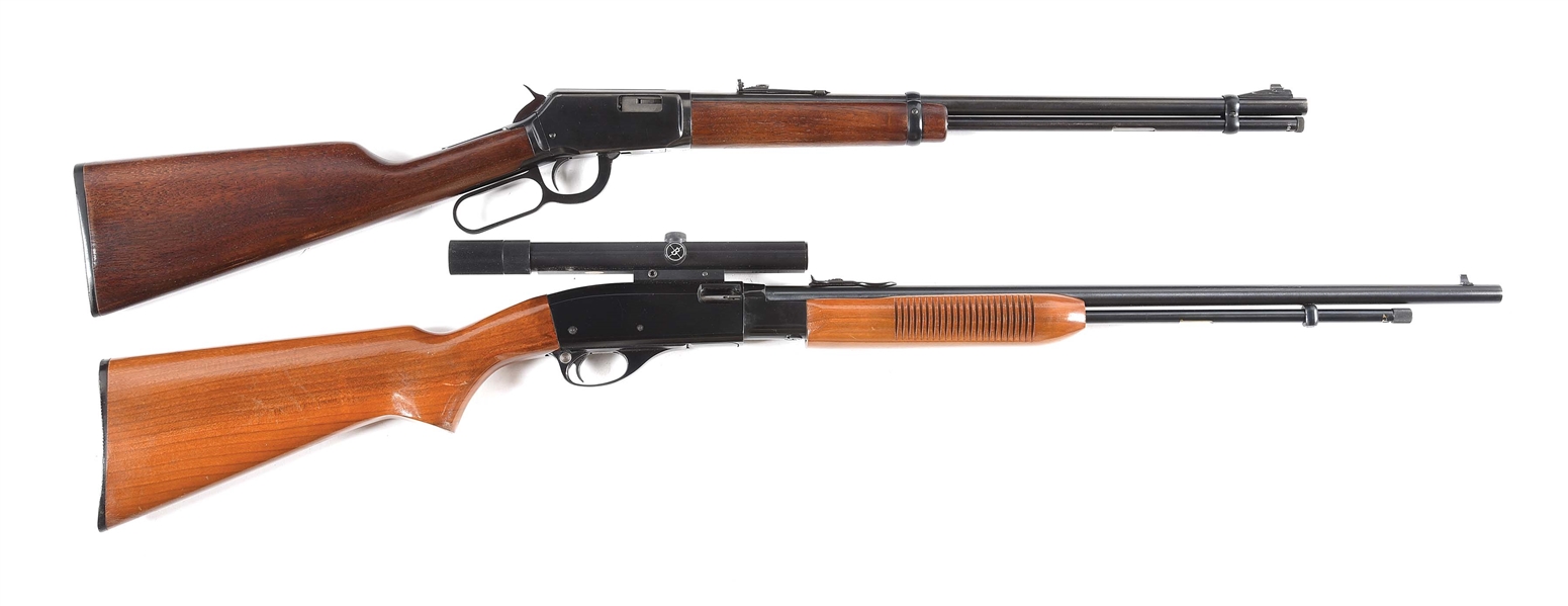 (M) LOT OF 2: WINCHESTER 9422M LEVER ACTION AND REMINGTON 572 SLIDE ACTION RIFLE WITH SCOPE.