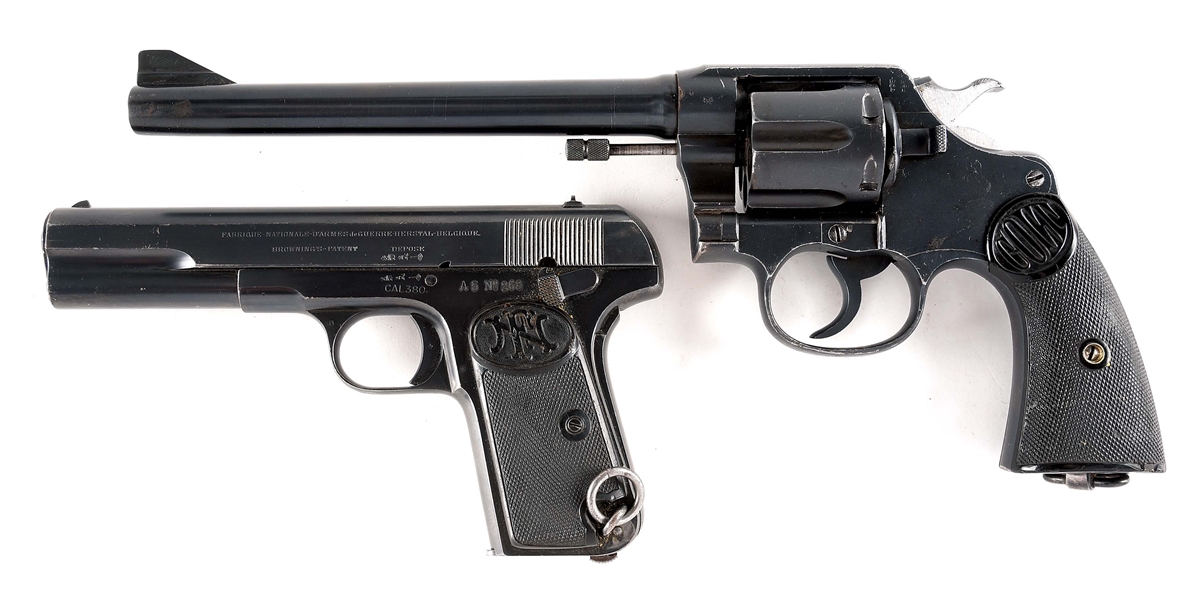 (C) LOT OF TWO: COLT NEW SERVICE WITH BRITISH PROOFS .45 REVOLVER AND FN/SWEDISH 1903 .380 SEMI AUTOMATIC PISTOL 