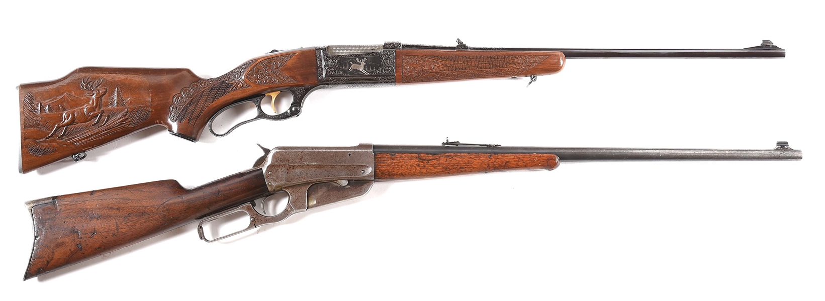 (C) LOT OF 2: (A) CUSTOM EMBELLISHED SAVAGE 99 AND (B) WINCHESTER MODEL 1895 LEVER-ACTION RIFLES.