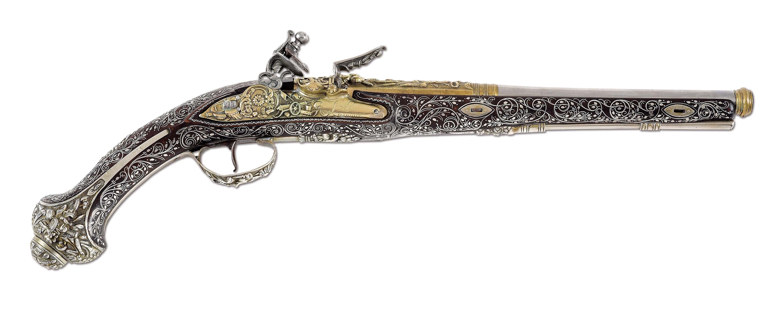 (A) A FRENCH FLINTLOCK PISTOL MARKED LOUIS LAMOTTE, WITH EXTENSIVE BRASS DECORATIONS AND SILVER INLAY ON STOCK, LIKELY MADE FOR THE MIDDLE EASTERN OR TOURIST TRADE.