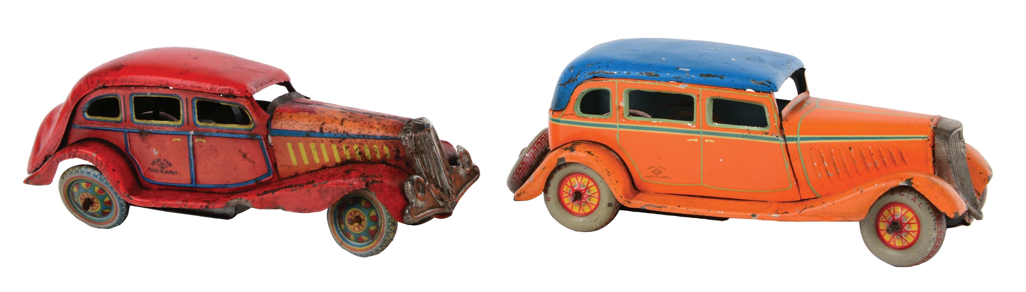 LOT OF 2: PRE-WAR JAPANESE TIN LITHO WIND-UP AUTOMOBILE TOYS.