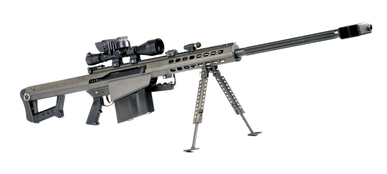 (M) BARRETT 82A1 SEMI AUTOMATIC RIFLE WITH LEUPOLD SCOPE MOUNTED WITH A BARRETT BORS SYSTEM.