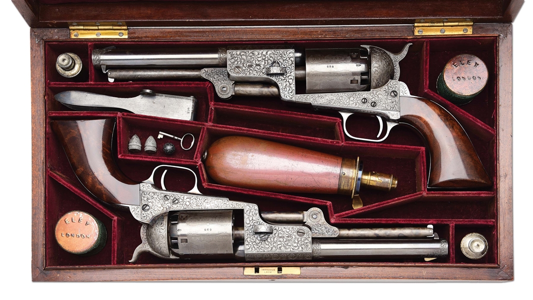 (A) BEAUTIFULLY RESTORED LONDON ENGRAVED COLT 3RD MODEL DRAGOONS WITH CASE AND ACCOUTREMENTS.
