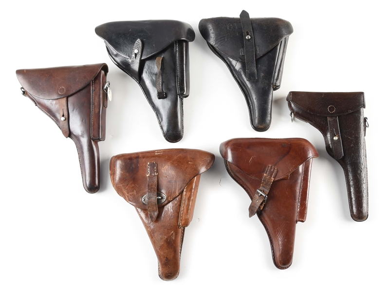 LOT OF 6: ASSORTED EUROPEAN MILITARY LEATHER HOLSTERS.