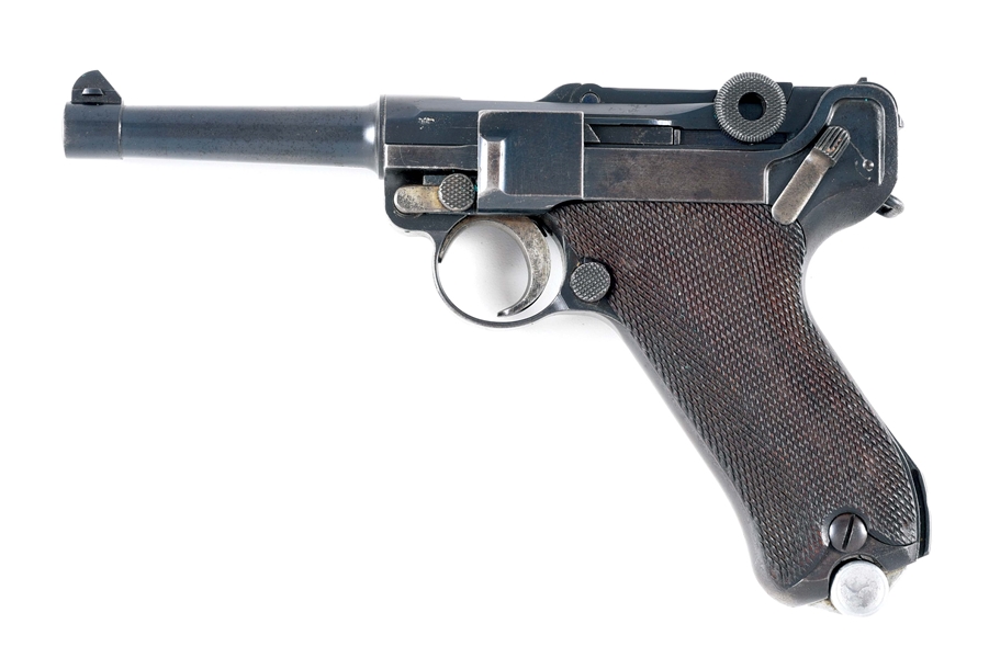 (C) EARLY V-RANGE MAUSER BANNER 1934 COMMERCIAL LUGER SEMI-AUTOMATIC PISTOL WITH HOLSTER.