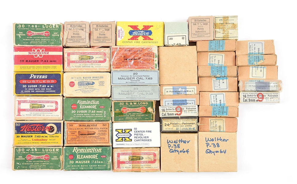 MASSIVE LOT OF 42: BOXES OF COLLECTIBLE AMMUNITION FOR MILITARY HANDGUNS.