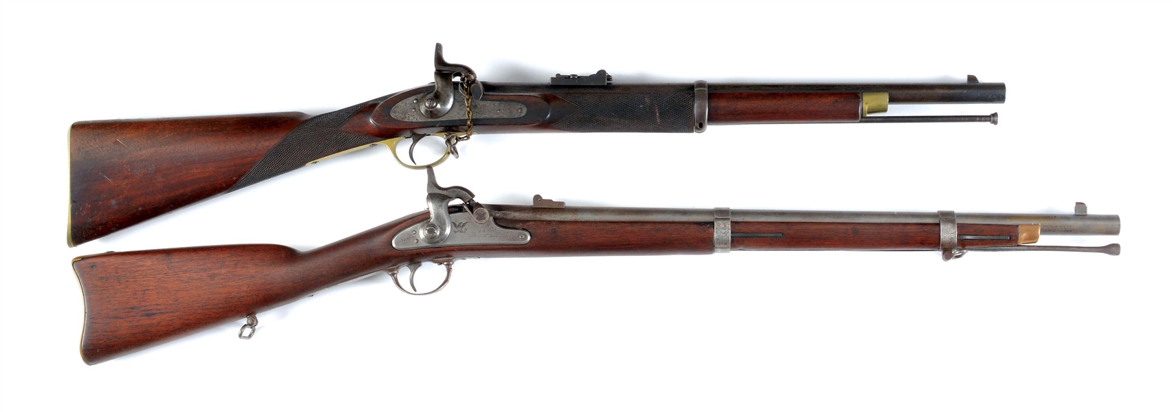 (A) LOT OF 2: SHORTENED CIVIL WAR 1863 PERCUSSION MUSKETS - LONDON ARMORY AND SPRINGFIELD.