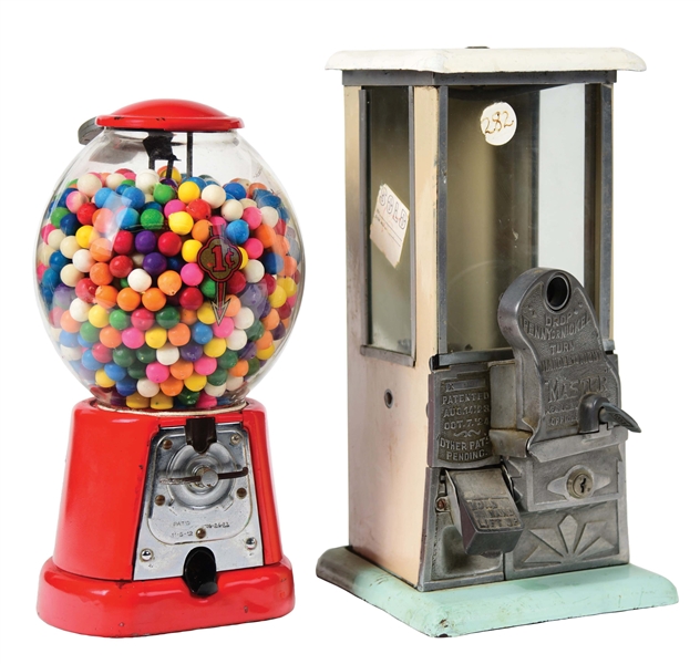 LOT OF 2: 1¢ AND 5¢ CANDY VENDING MACHINES.