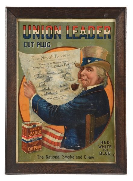 CARDBOARD ADVERTISING DEPICTING UNCLE SAM FOR UNION LEADER CUT PLUG TOBACCO.