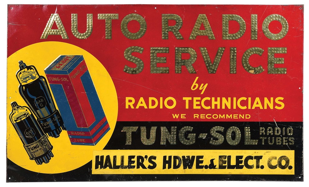 TIN ADVERTISING SIGN FOR AUTO RADIO SERVICE.
